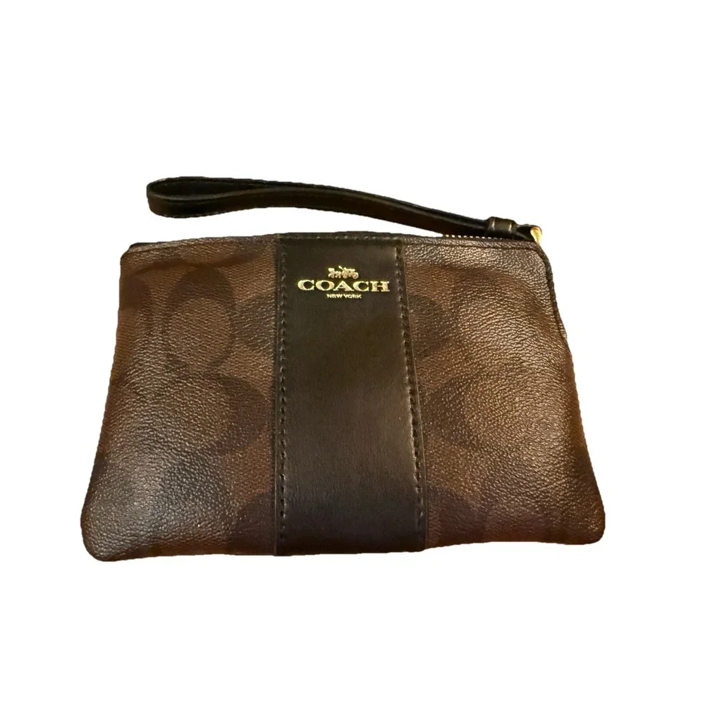 Coach Brown Stripe Logo Wristlet Wallet Corner Zip Coated Canvas‎ Leather